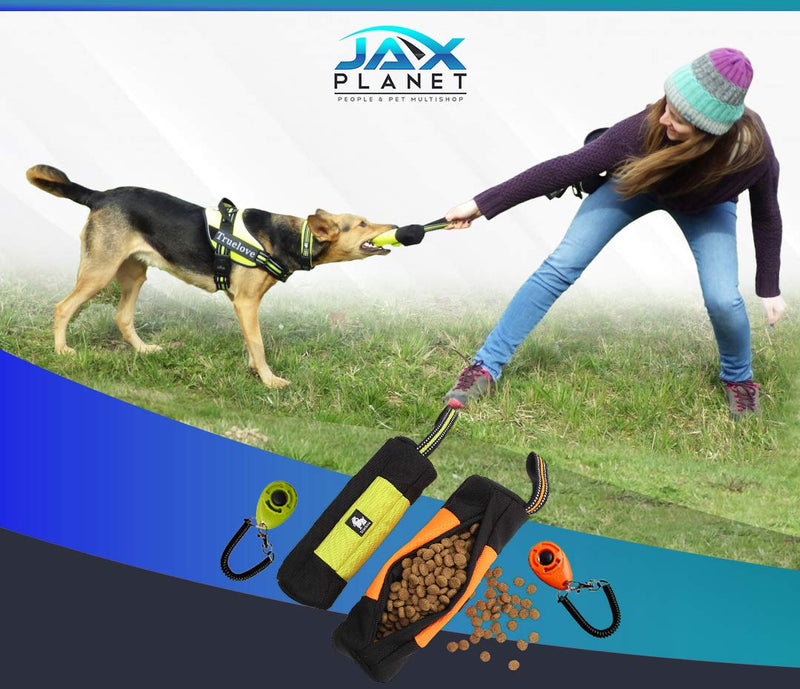 [Australia] - JAX PLANET Dog Training Bag Clicker Set - Dog Training Clicker & Treat Holder for Dog Training (1. Dog Treat Pouch or 2. Dog Bite Tug SnackBag)+FreeGift Small/FreeSize SnackBagTug/Clicker-NeonGreen&Black+FreeGift 