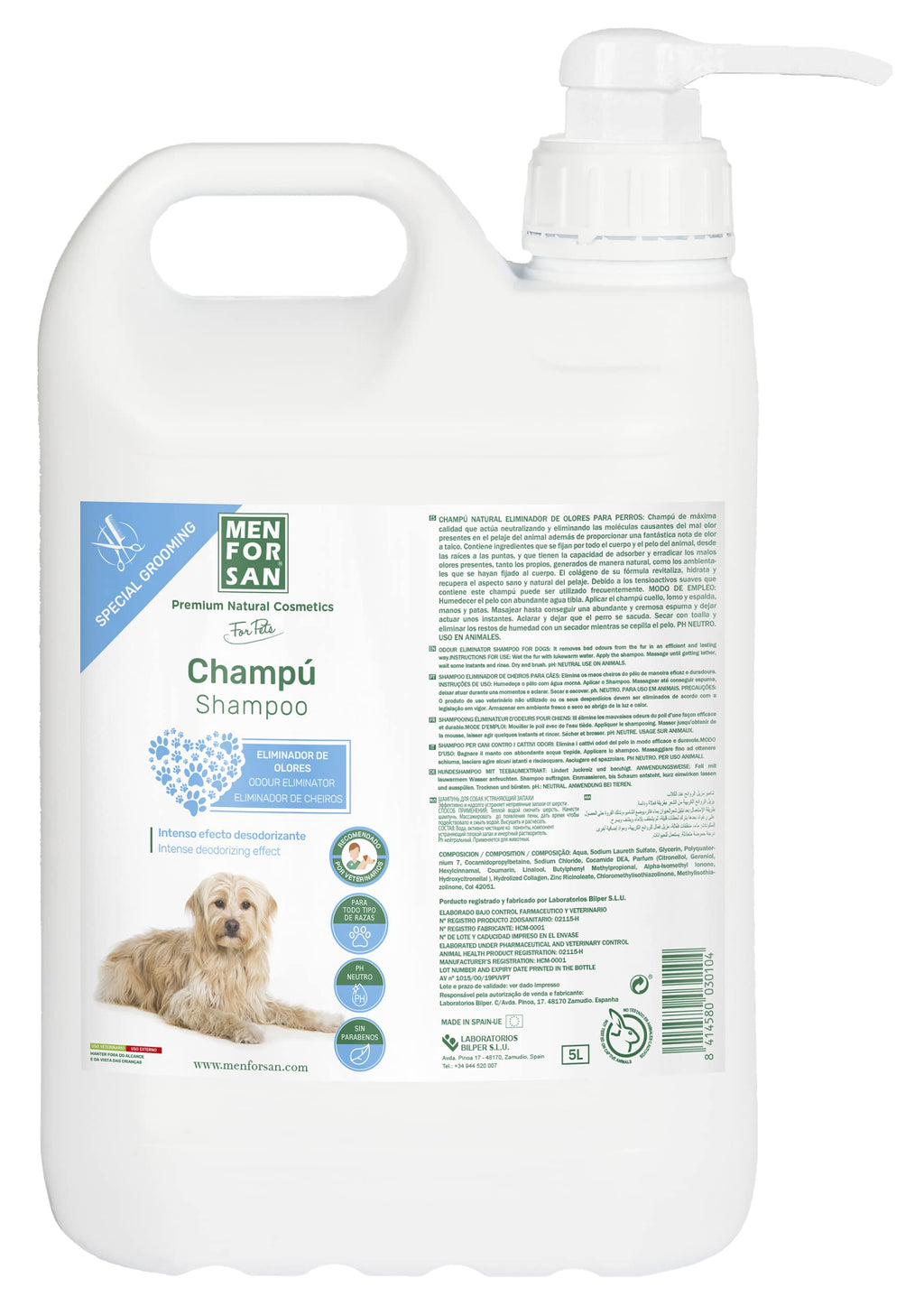 MENFORSAN Odor Eliminator Dog Shampoo 5L, eliminates bad smells from the fur - PawsPlanet Australia