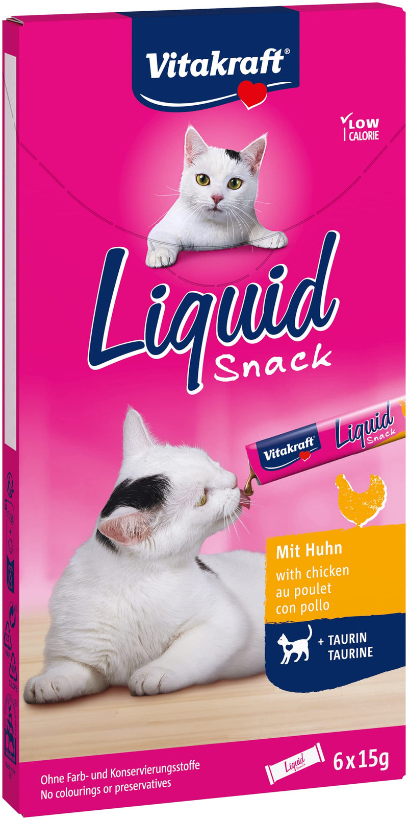 Vitakraft Liquid Snack, liquid cat snack, with chicken, cat treats, with taurine, supports eye function, supports heart function, low in calories (1x 6 pieces) - PawsPlanet Australia