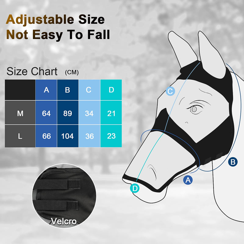 Horse Mask with Ears and Nose Cover，Adjustable Comfort Masks for Horses with Elasticity Blinders Horse Eye Mini Pony Draft Foal Arab Cob L Black - PawsPlanet Australia