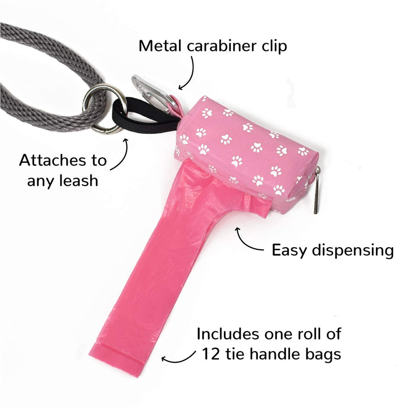 [Australia] - Doggie Walk Bags Dog Poop Bag Holder for Leash, Dog Waste Bag Dispenser with Metal Clip and Adjustable Strap for Any Leash, Tie Handle Bags Pink Paw 