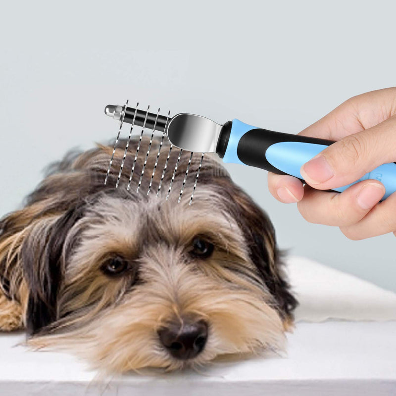 [Australia] - Flexzion Dogs Dematting Comb, Stainless Steel Blades Rakes, for Pets Cats Animals Matted Knotted Hair, Brush Cutting Removing Grooming Tool with Smooth Teeth Needle - Black & Blue Handle 