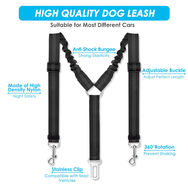 SlowTon Double Dog Car Seat Belt, Dual Dog Seatbelt Vehicle Safety Leash Adjustable with Shock Absorbing Bungee, Reflective Two Dog Lead Splitter Coupler for Pet Car Trip Travel Black - PawsPlanet Australia