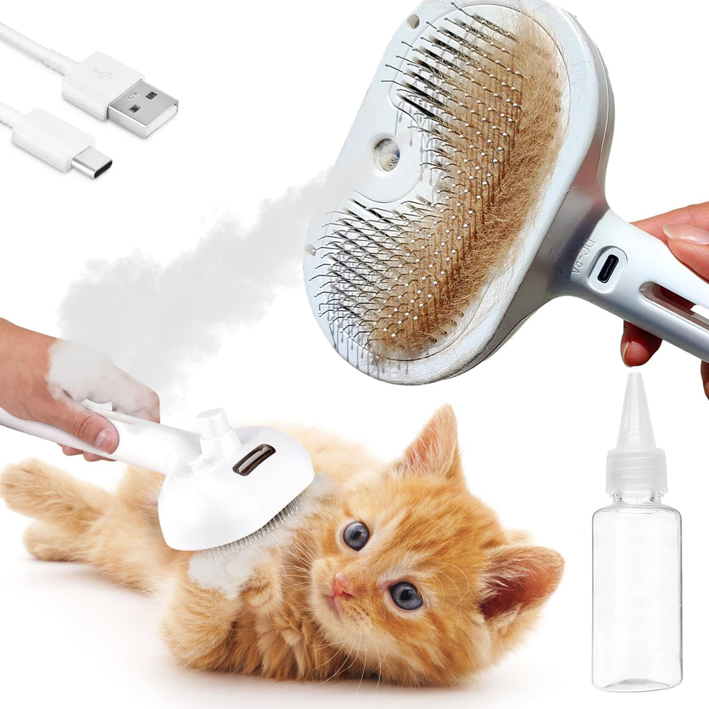 Vodolo Cat Steam Brush,3 in1 Rechargeable Steamy Cat Hair Brush Cleanser Vapor,Self Cleaning Electric Cat Brush Steamer for Long or Short Haired Cats, Cat Grooming Comb with USB Port Release Button Long Handle Cat Steamy Brush - PawsPlanet Australia