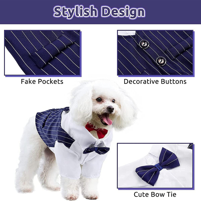Dog Shirt Pet Tuxedo Clothes, Suit Bow Tie Costumes, Dogs Formal Apparel Outfit with Blue Tie, Puppy Prince Wedding Bow Tie Gentleman Jacket for Small Medium Dogs Cats, Party Cosplay - PawsPlanet Australia