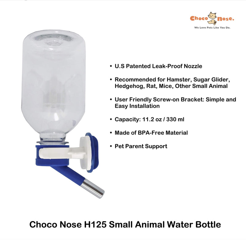 Choco Nose Patented No-Drip Water Bottle/Feeder for Guinea Pigs/Hamsters/Bunnies/Ferrets/Hedgehogs/SugarGliders/Rats/Mice/Critters/Small Animals - For Pet Cages, Crates or Wall Mount. 11.2 oz. Nozzle 10mm Blue Hamsters-Hedgehogs-Sugar Gliders - PawsPlanet Australia