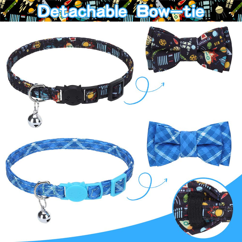 EXPAWLORER Breakaway Cat Collar with Bow tie and Bell, 2 Pack Cute Kitten Safety Collars with Plaid Dinosaur Universe Pattern Black - PawsPlanet Australia