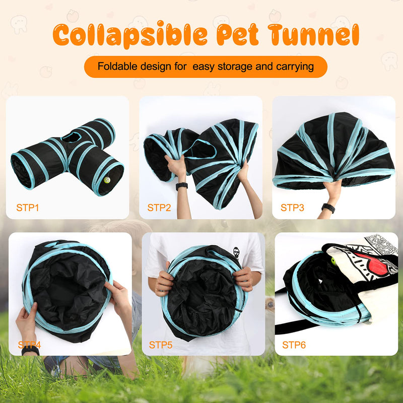BWOGUE Bunny Tunnels & Tubes Collapsible 3 Way Bunny Hideout Small Animal Activity Tunnel Toys for Dwarf Rabbits Bunny Guinea Pigs Kitty Blue - PawsPlanet Australia