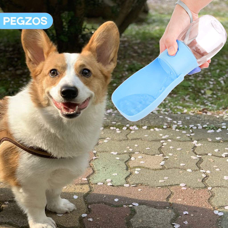 [Australia] - PEGZOS Dog Travel Water Bottle Foldable, Leak-Proof Pet Water Bottle Dispenser with Extra Dog Food Spoon for Walking/Travel/Hiking, 280ml/10oz BPA Free Blue 