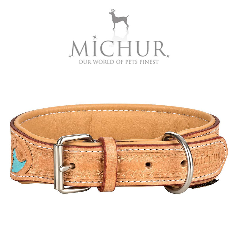 MICHUR Mariano Dog Collar Leather, Leather Collar Dog, Collar, Beige Blue Brown, LEATHER, with stamped floral patterns Neck circumference 16.14-19.29" - PawsPlanet Australia