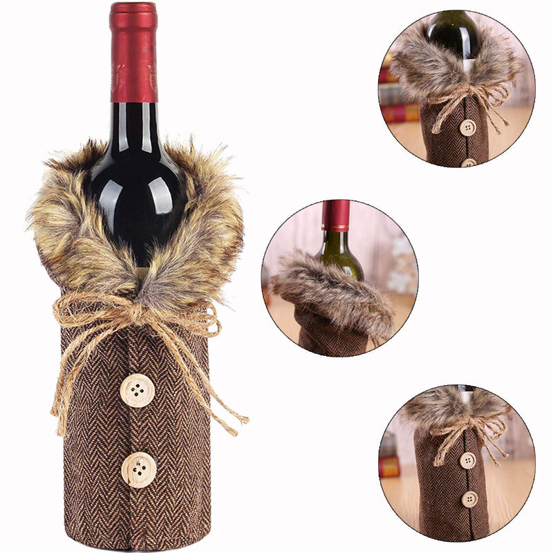 DTDR 4 Pieces Christmas Wine Bottle Covers Sweater Linen Plaid Wine Bottle Dress Clothes Wine Bottle Bags with Faux Fur Collar And Button Coat Design for Xmas Party Decorations - PawsPlanet Australia