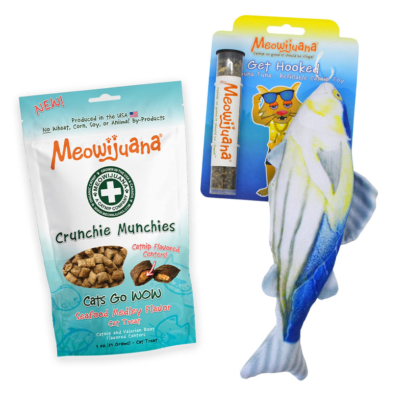 Meowijuana | Get Hooked Bundle | Get Hooked Refillable Tuna Toy and Seafood Medley Crunchie Munchie Cat Treats | Promotes Play and Cat Health | Made with Organic Catnip - PawsPlanet Australia