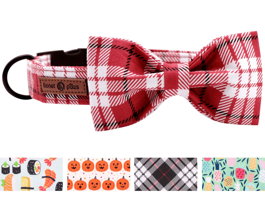 lionet paws Christmas Soft Cotton Bow Tie Dog Collar with Metal Clasp Adjustable Collars for Large Dogs, Neck 40-60 cm L Collar & Bow Tie (Pack of 1) Red Checked - PawsPlanet Australia