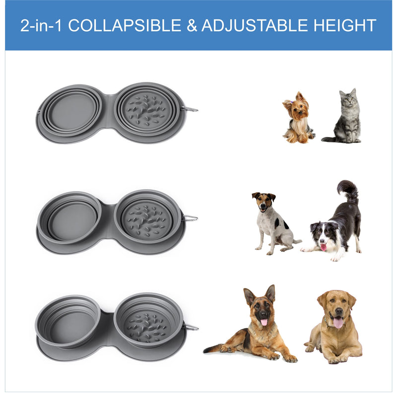 Collapsible Dog Bowls Travel Dog Bowls Portable Dog Bowl Slow Feeder Double Pet Bowl Silicone Mat No Spill Non Skid 2in1 Ideal for Outdoors Walking Hiking Camping Travelling Grey - PawsPlanet Australia