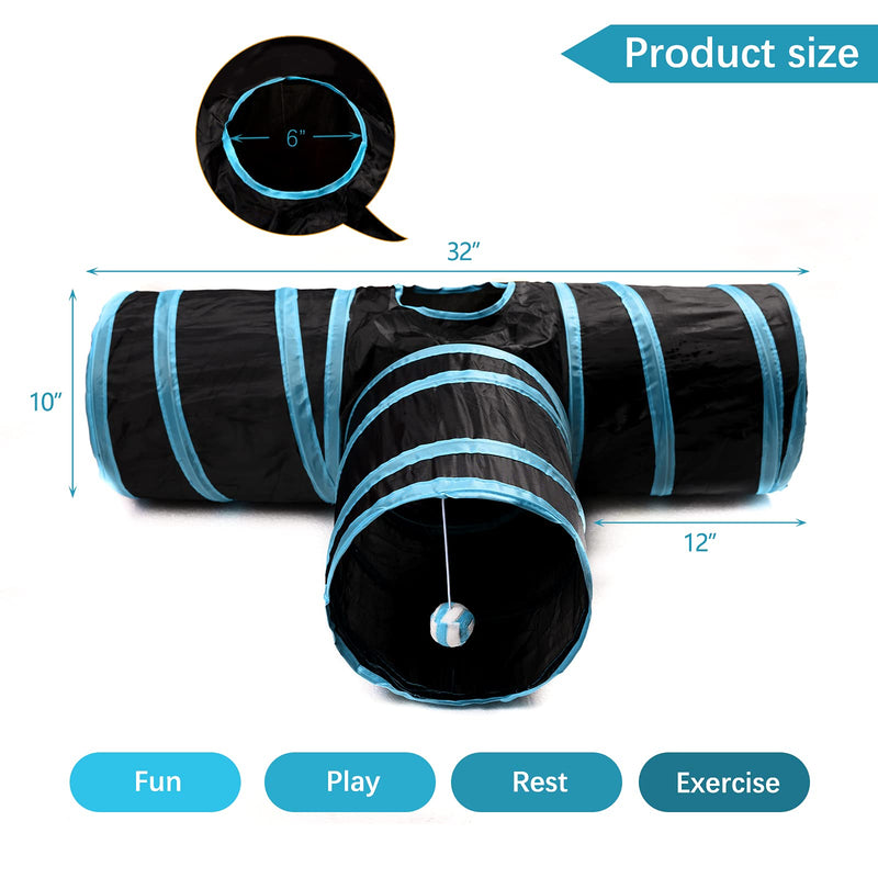 Cat Tunnel, Collapsible Cat Tube with Play Ball, 3 Ways Cat Tunnels for Indoor Cats, Bored Cat Pet Toys Puppy, Kitty, Kitten, Rabbit Black & Blue - PawsPlanet Australia