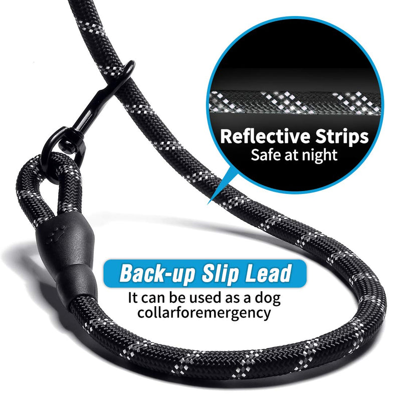 DOYOO Dog Leash 2 FT/6 FT/10FT Thick Durable Nylon Rope - Comfortable Padded Handle Reflective Rope Dog Leash for Medium Large Dogs with Collapsible Pet Bowl and Garbage Bags 06-1 Pack Reflective Black 1/2"x 6 FT (18~120 lbs.) - PawsPlanet Australia