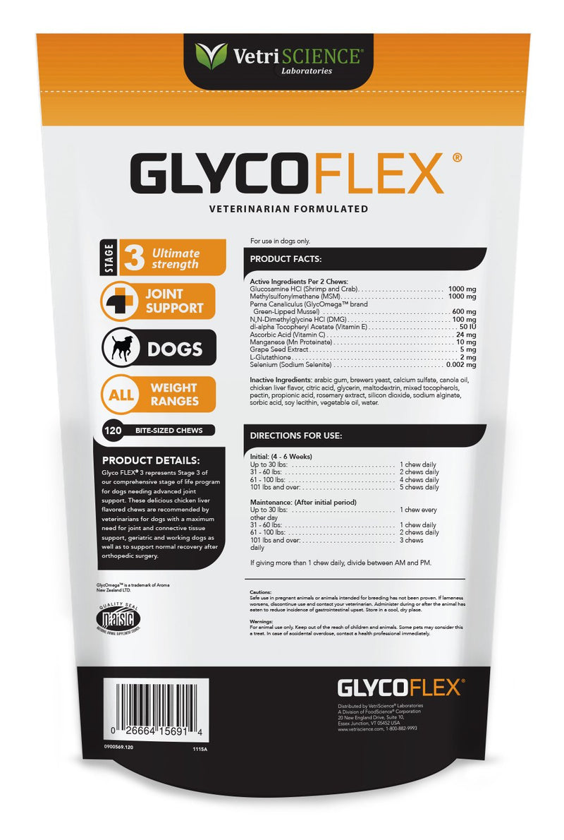 VetriScience Laboratories - Glycoflex 3 Hip & Joint Support for Dogs, with Glucosamine, DMG, MSM & Green Lipped Mussel. 120 Bite Sized Chews - PawsPlanet Australia