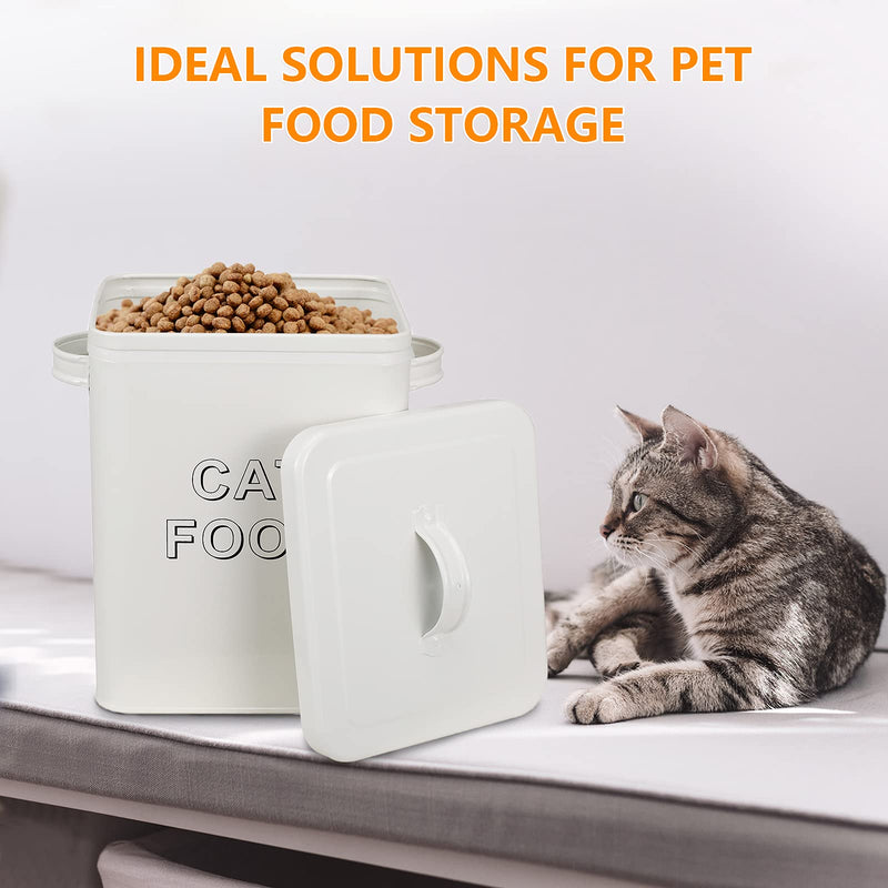 Pethiy Cat Food and Treats Containers Set with Scoop for Cats or Dogs -Tight Fitting Wood Lids - Coated Carbon Steel - Storage Canister Tins-Cat-White White - PawsPlanet Australia