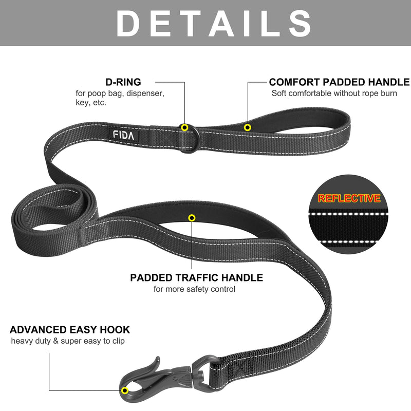 Fida 4/5/6 FT Heavy Duty Dog Leash with 2 Comfortable Padded Handles, Traffic Handle & Advanced Easy Snap Hook, Reflective Walking Lead for Large, Medium & Small Breed Dogs 4 Feet (Pack of 1) Black - PawsPlanet Australia