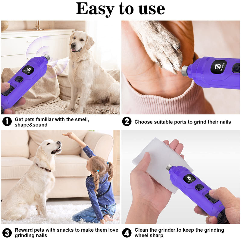 Bousnic Dog Claw Grinder with 2 LED Lights - Quiet, Powerful Electric Toenail Trimmer File with 2 Speeds for Small Medium Dogs and Cats Purple - PawsPlanet Australia