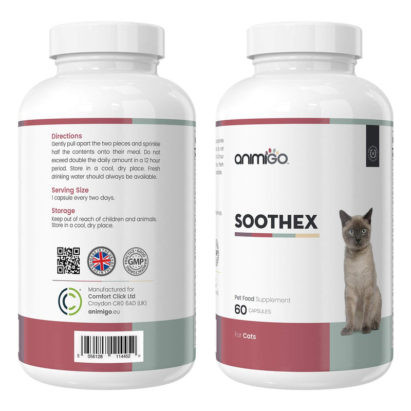 Animigo Soothex for Cats - Natural Calming Relief For Stressed, Nervous Pets - For Car Travel, Home Separation Anxiety, Fireworks, Stress Rescue Supplement - 100ml Feline Calmer Capsules - PawsPlanet Australia