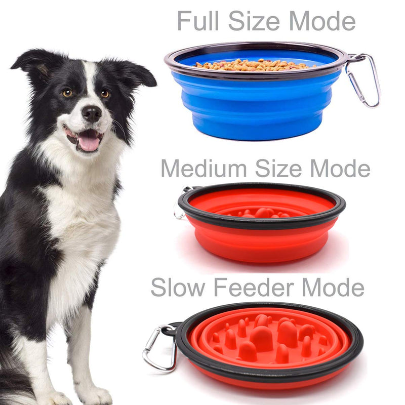 Liwein Collapsible Dog Bowl,2 Slow Feeder Dog Bowl Large Silicone Portable Pet Cat Travel Food Water Bowl with Carabiner Clips for Outdoor Camping Hiking (Blue+Red) - PawsPlanet Australia