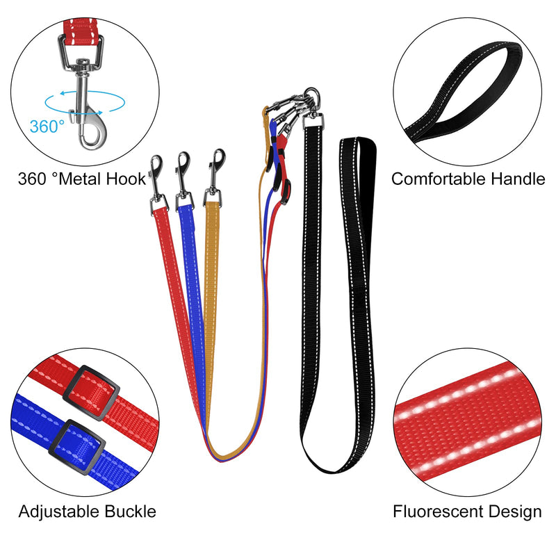 3-in-1 Dog Leashes, 3-Piece Dog Leash, 3-Way Dog Leash Splitter for Pets, Reflective, Removable, Padded, Adjustable, for 1,2 or 3 Dogs Colorful - PawsPlanet Australia