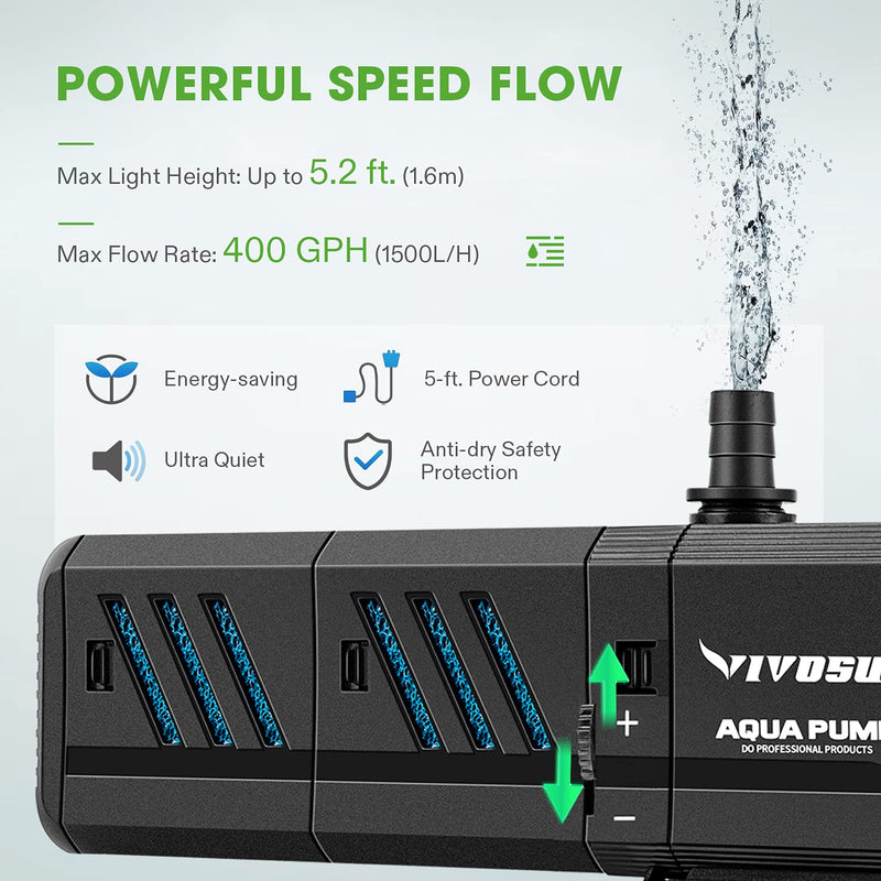 VIVOSUN 400GPH Submersible Pump(1500L/H, 15W), Ultra Quiet 4-in-1 Water Pump with 5.2ft High Lift, Fountain Pump with 5ft Power Cord, 3 Nozzles for Fish Tank, Pond, Aquarium, Statuary, Hydroponics 4-in-1 400GPH - PawsPlanet Australia