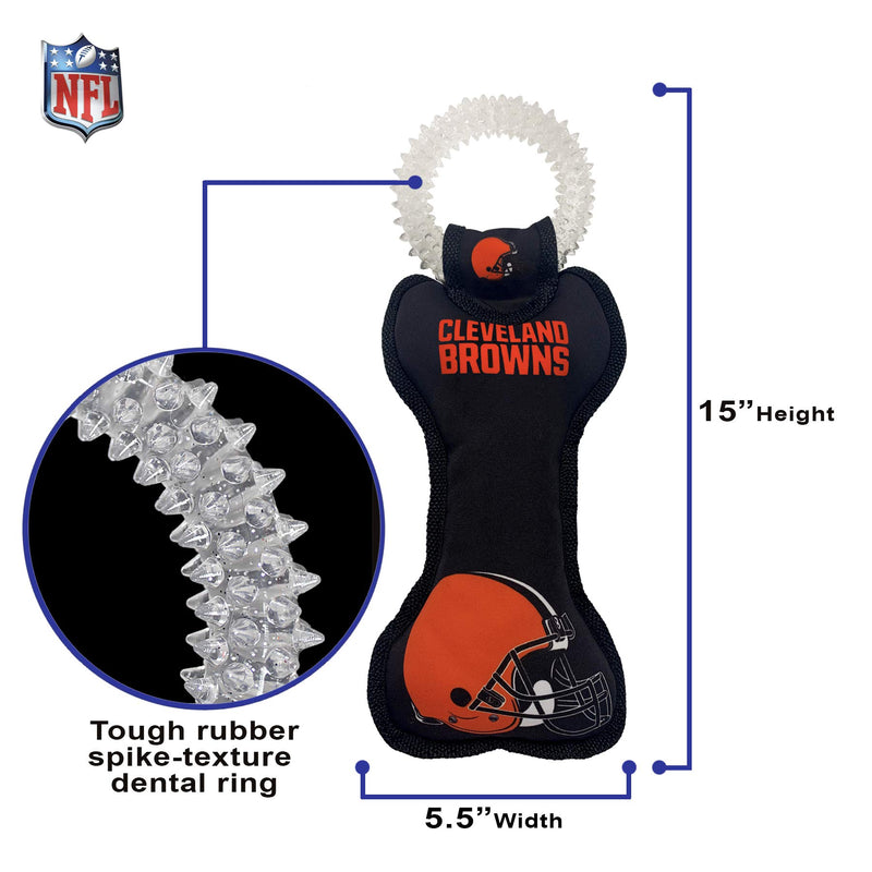 Pets First NFL Cleveland Browns Football Dental Tough Dog TUG Bone Toy with Built-in Squeaker Attached to a Safe Rubber Teething Toothbrush PET Toy, Team Color, 14 x 5 (CLE-3310) 14 x 5" - PawsPlanet Australia