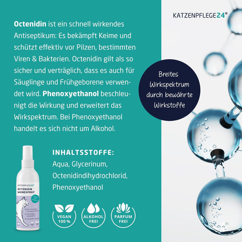 CATZENPFLEGE24 Octenidine wound spray for cats - disinfects, soothes, cares for and protects wounds of all kinds without burning - 125ml with proven active ingredients - effective care and wound disinfection for cats - PawsPlanet Australia