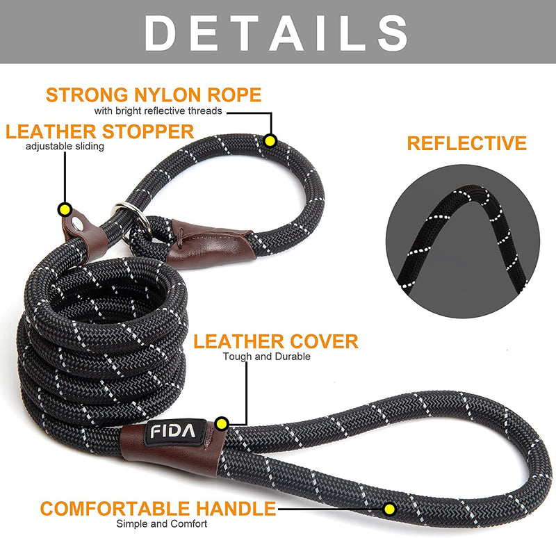 Fida Slip Rope Dog Lead | 1.8m, One-Size-Fits-All, Slip-On Rope Leash. Easy to Slip On, No Collar or Harness Needed. Durable & Weather Resistant Climbers Rope with Reflective Stitching (Black) Black - PawsPlanet Australia