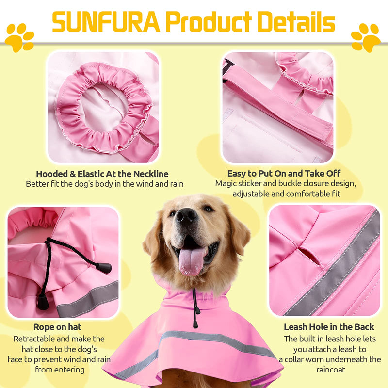 SUNFURA Dog Raincoat with Reflective Strip, Pet Waterproof Poncho Dog Outdoor Lightweight Hooded Rain Jacket Coat Slicker with Adjustable Drawstring for Small Medium Large Dogs, Pink M - PawsPlanet Australia