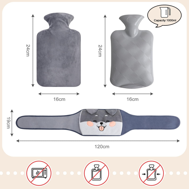 Hot Water Bottle with Soft Cover and Waist Cover, 1000ml Hot Water Bottle Belt 3 in 1 Warm Hot Water Bottle Hot Water Bottle Waist Warmer, Rubber Hot Bag for Neck, Shoulder, Back, Legs, Waist - Gray - PawsPlanet Australia