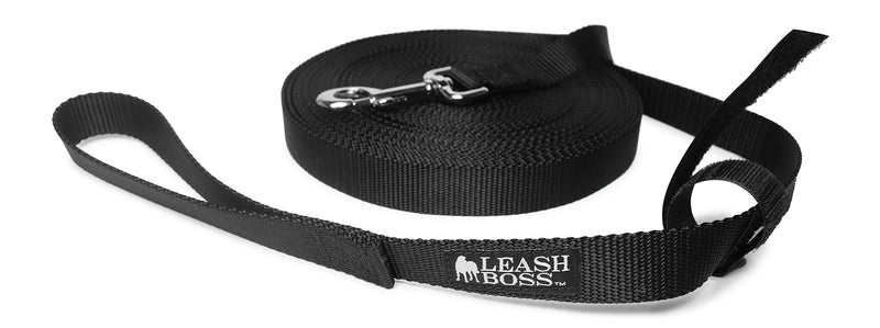 Leashboss Long Trainer - 1 Inch Nylon Long Dog Training Leash with Storage Strap 15 Foot Black - PawsPlanet Australia