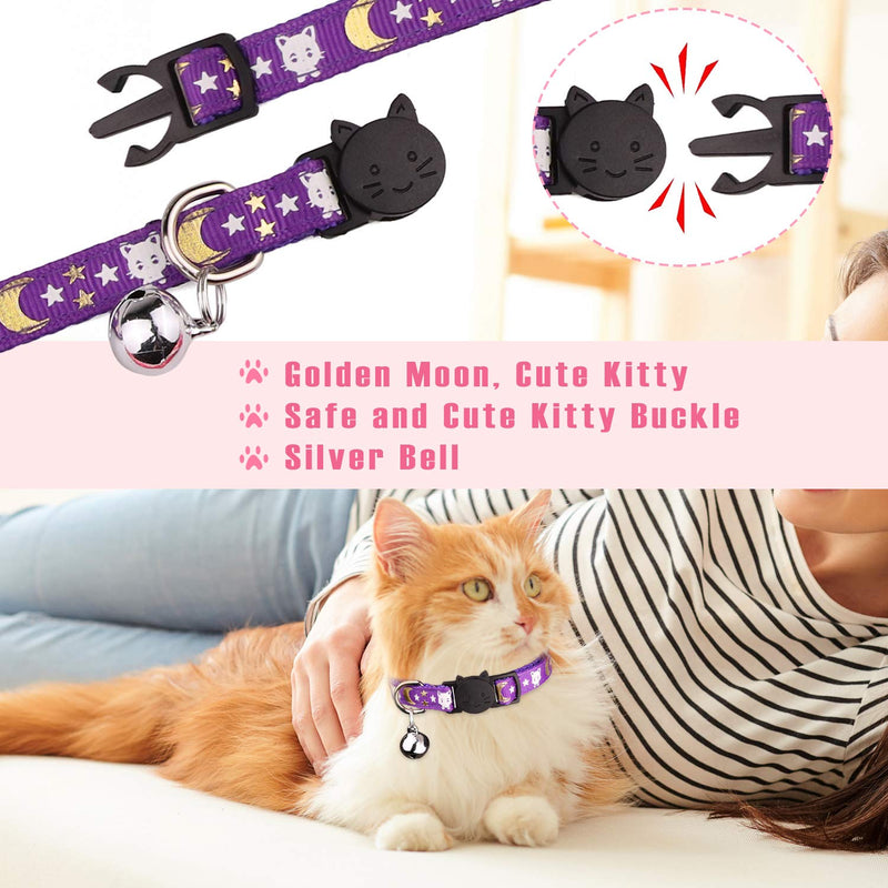 [Australia] - 3 PCS Breakaway Cat Collars with Bell Golden Moon Glowing Cat and Stars in The Dark for Kitten(Purple&Black&Pink) 