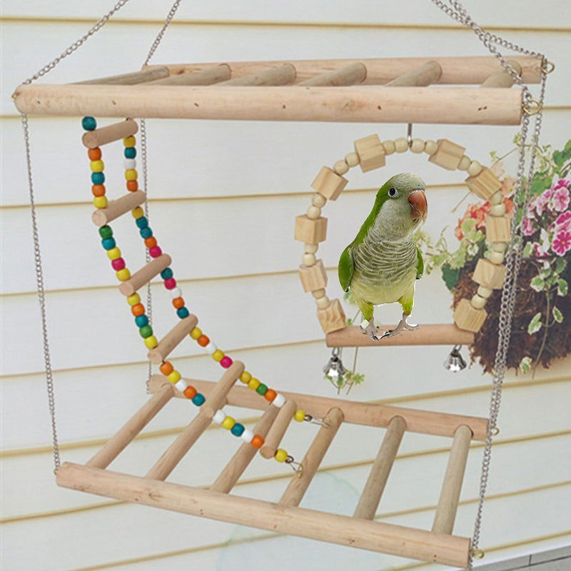 [Australia] - Bird Wood Double Perch Ladder Bendable Ladder and Swing Perch Sets Toys for Bird Parrot Macaw African Greys Budgies Parakeet Cockatiel Cockatoo Conure Lovebird Finch Perch A: 7.87in*3.93in*7.87in 