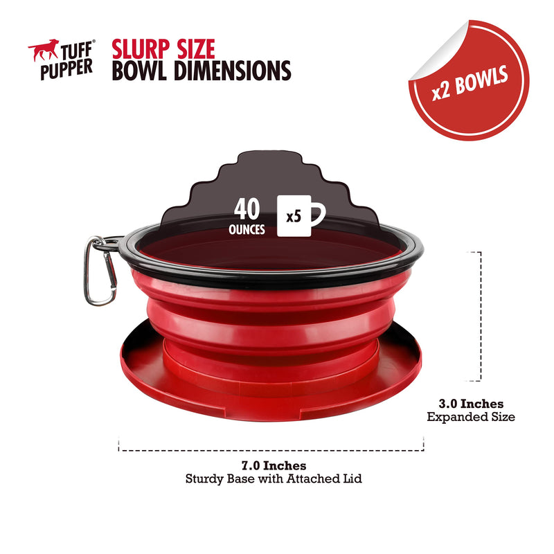 Tuff Pupper SuperBigSlurp - Collapsible Dog Bowls | Convenient Dog Travel Bowls w/Storage Lid | Keeps Pups Hydrated and Full | Portable Dog Water Bowls & Large Travel Bowls for Pets | Patent Pending Crimson Red L (40oz) x 2 - PawsPlanet Australia