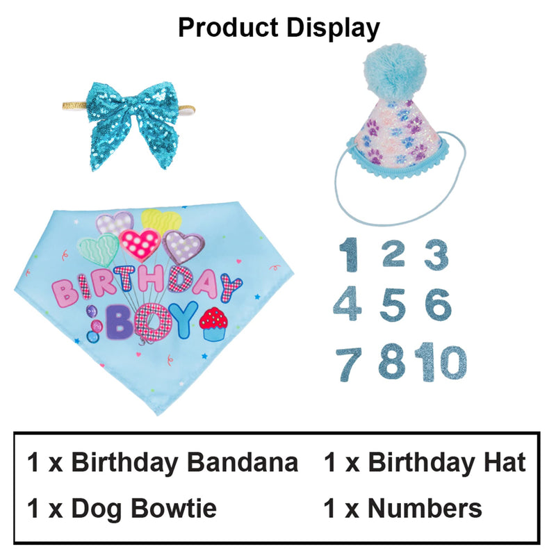 Dog Birthday Party Supplies, Boy Girl Dog Birthday Hat with Numbers Dog Puppy Birthday Bandana Hat Bow Set Blue - PawsPlanet Australia