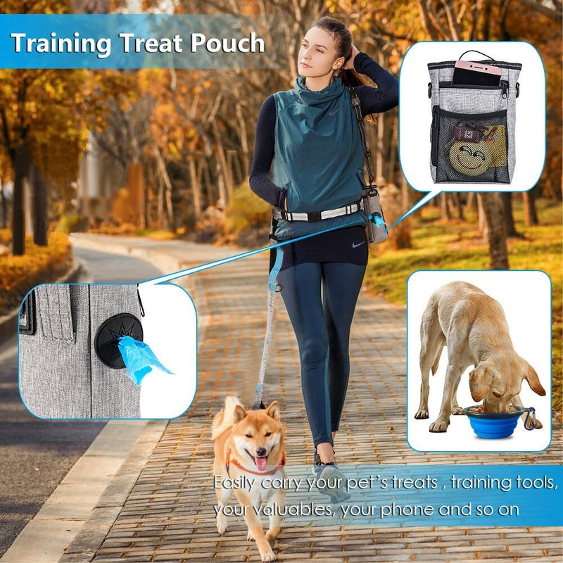 Dog Running Leash with Treat Training Pouch,Collapsible Silicone Pet Bowl,Poo Bags Holder,Hands Free Dog Lead for Up to 150lbs Large dogs with Adjustable Padded Waist Belt for Jogging Walking Hiking - PawsPlanet Australia