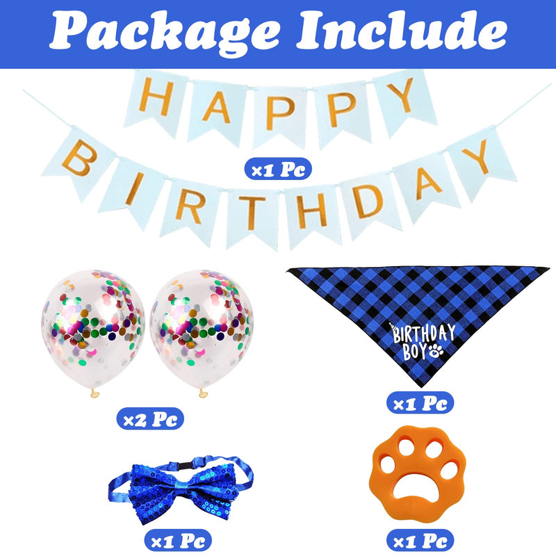 VEGCOO 6 Pcs Dog Birthday Party Supplies Cute Dog Birthday Bandana Set, Dog Happy birthday Banner Dog Birthday Balloons Dog Bow Tie Collar Pet Hair Remover for Boys Birthday Decorations(Blue) A - PawsPlanet Australia