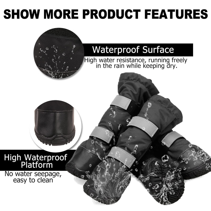 SUNFURA Dog Rain Boots with Warm Fleece, Waterproof and Skid-Proof Medium Large Dog Shoes with Reflective Straps and Rugged Sole, Pet Snow Booties Winter Paw Protector for Outdoor Running Hiking XS Black - PawsPlanet Australia
