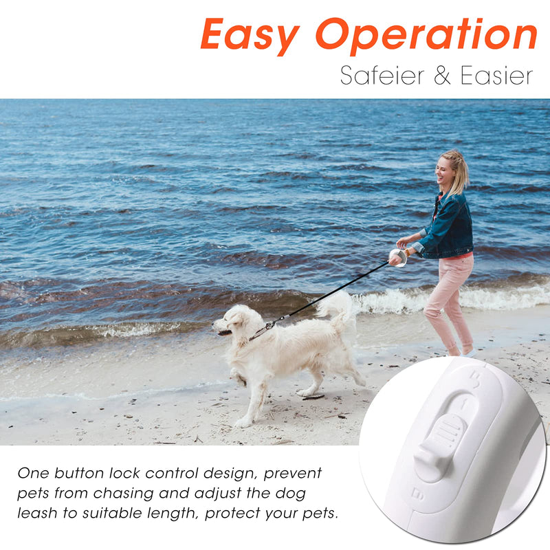 Retractable Dog Leash with LED Light, 10ft Dog Walking Leash Nylon Traction Rope with Anti-Slip Handle for Small Medium Dog Up to 44lb, 360° Tangle Free White - PawsPlanet Australia