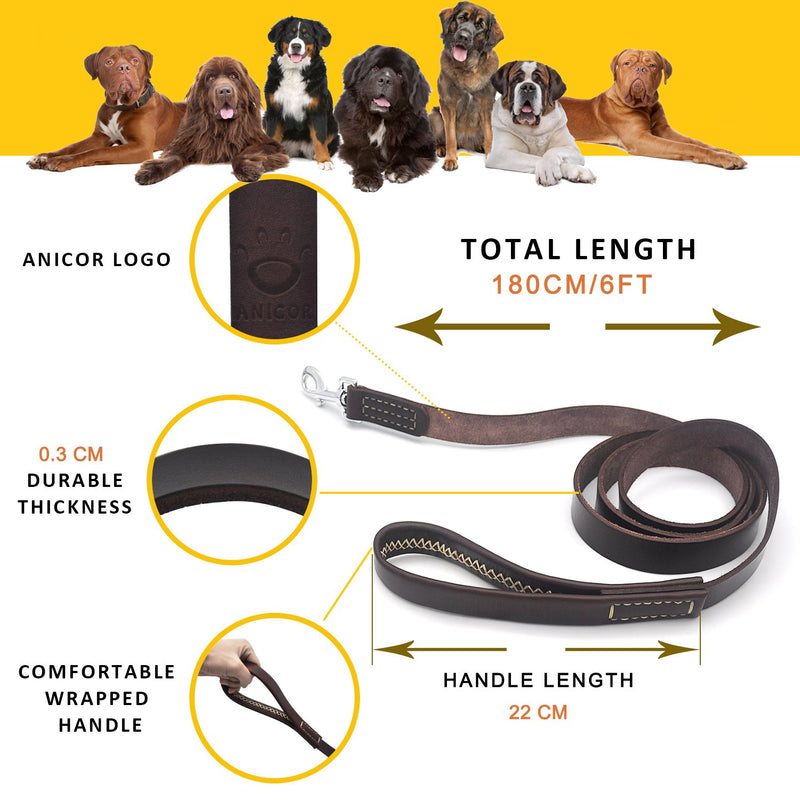 Leather Dog Leash 1.8m/6 ft Wrapped Padded Handle Training Strong Lead for Large Medium Dogs Brown - PawsPlanet Australia