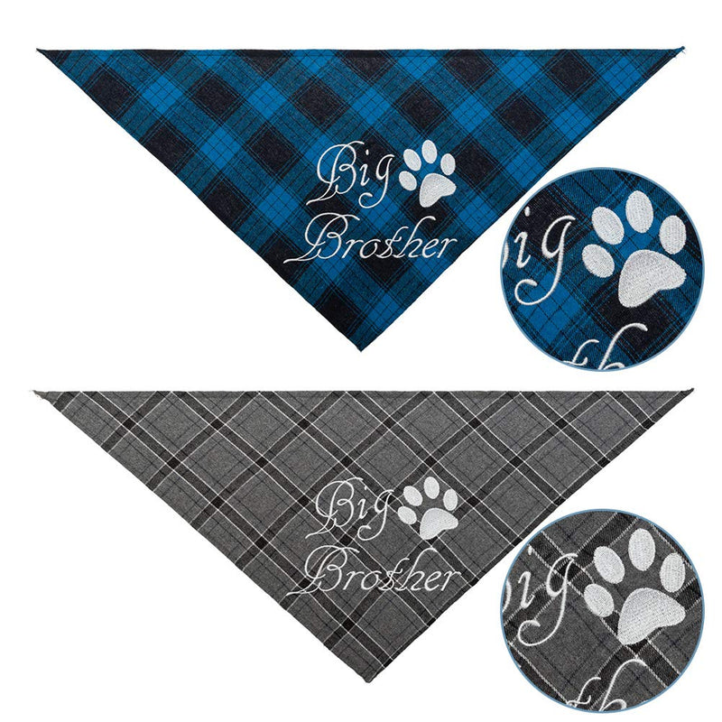 EXPAWLORER Plaid Dog Bandana Scarf - 2 Pcs Embroidery of Big Brother Washable Cotton Triangle Accessories for Small Medium Large Dogs Puppies Pets, Blue and Grey - PawsPlanet Australia