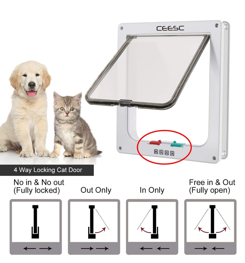 CEESC Extra Large Cat Door (Outer Size 11" x 9.8"), 4 Way Locking Large Cat Door for Interior Exterior Doors, Weatherproof Pet Door for Cats & Doggie with Circumference < 24.8" (White) - PawsPlanet Australia