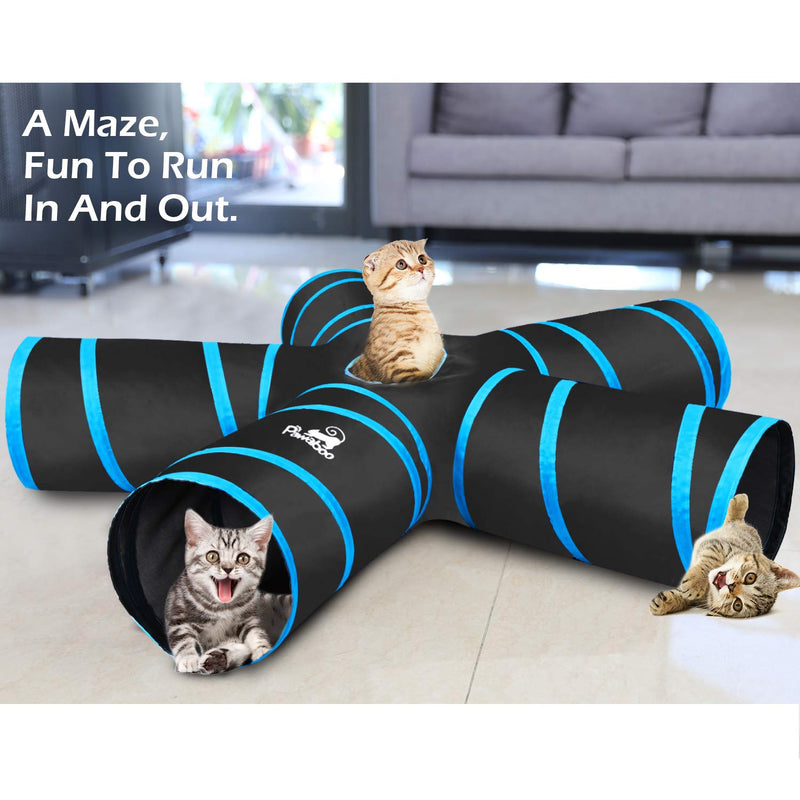 [Australia] - Pawaboo Cat Tunnel, Premium 5 Way Tunnels Extensible Collapsible Cat Play Tunnel Toy Maze Interactive Tube Toy Cat House with Pompon and Bells for Cat Puppy Kitten Rabbit, Black & Light Blue 