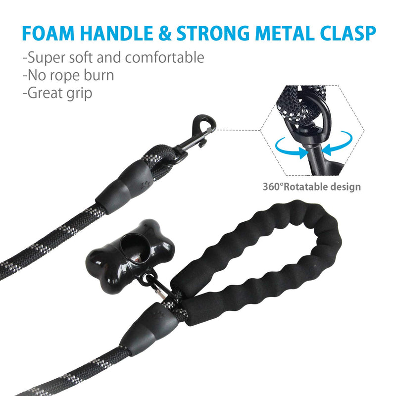 [Australia] - Docatgo 5 FT Strong Dog Leash with Comfortable Padded Handle and Highly Reflective Threads for Medium and Large Dogs (Black) 