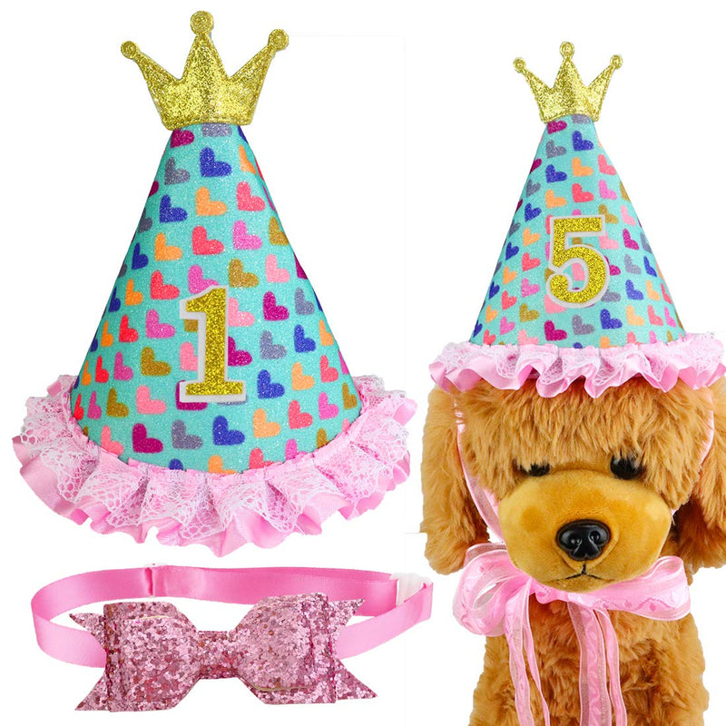 [Australia] - Aillion Dog Cat Pet Birthday Hat with Shiny Printed Hearts and Bowtie Collar B Green 