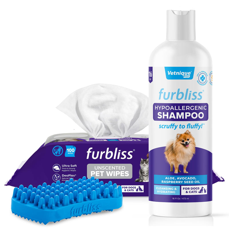 Furbliss Hypoallergenic Shampoo 16oz & Furbliss Unscented Hygienic Grooming Pet Wipes (100ct) Bundle Hypoallergenic Dog Shampoo, Dog Deshedding Brush for Short Hair, Hypoallergenic Dog Grooming Wipes - PawsPlanet Australia