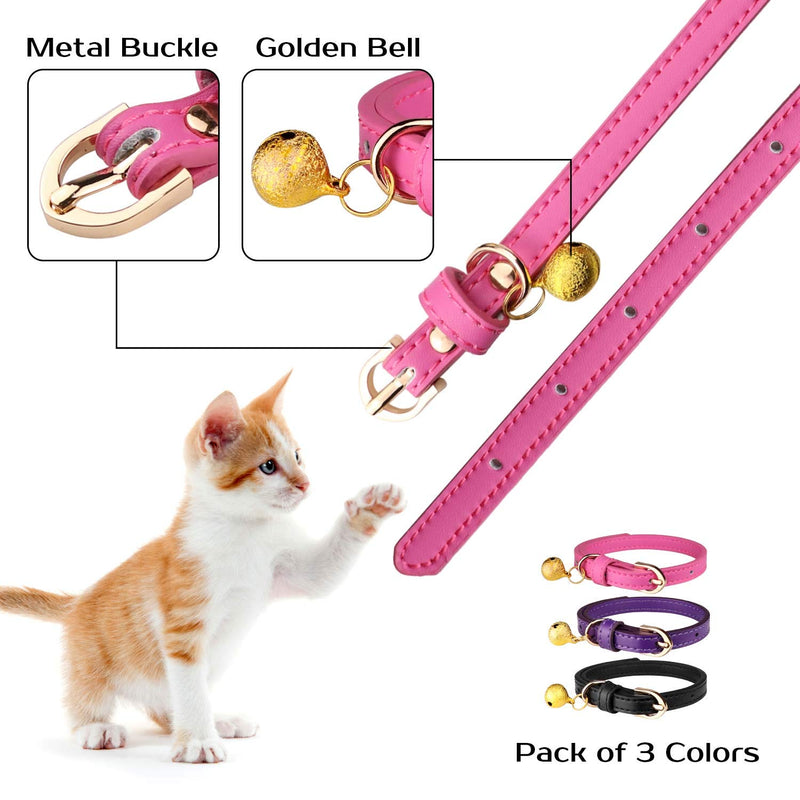 [Australia] - 3 PCS Leather Cat Collars with Bell Kitten Collars Cat Safety Soft Adjustable Collars Black Purple Pink 